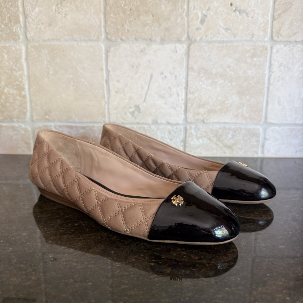 Tory Burch Claremont Quilted Leather Flats 10M Beige/Black Career Luxury